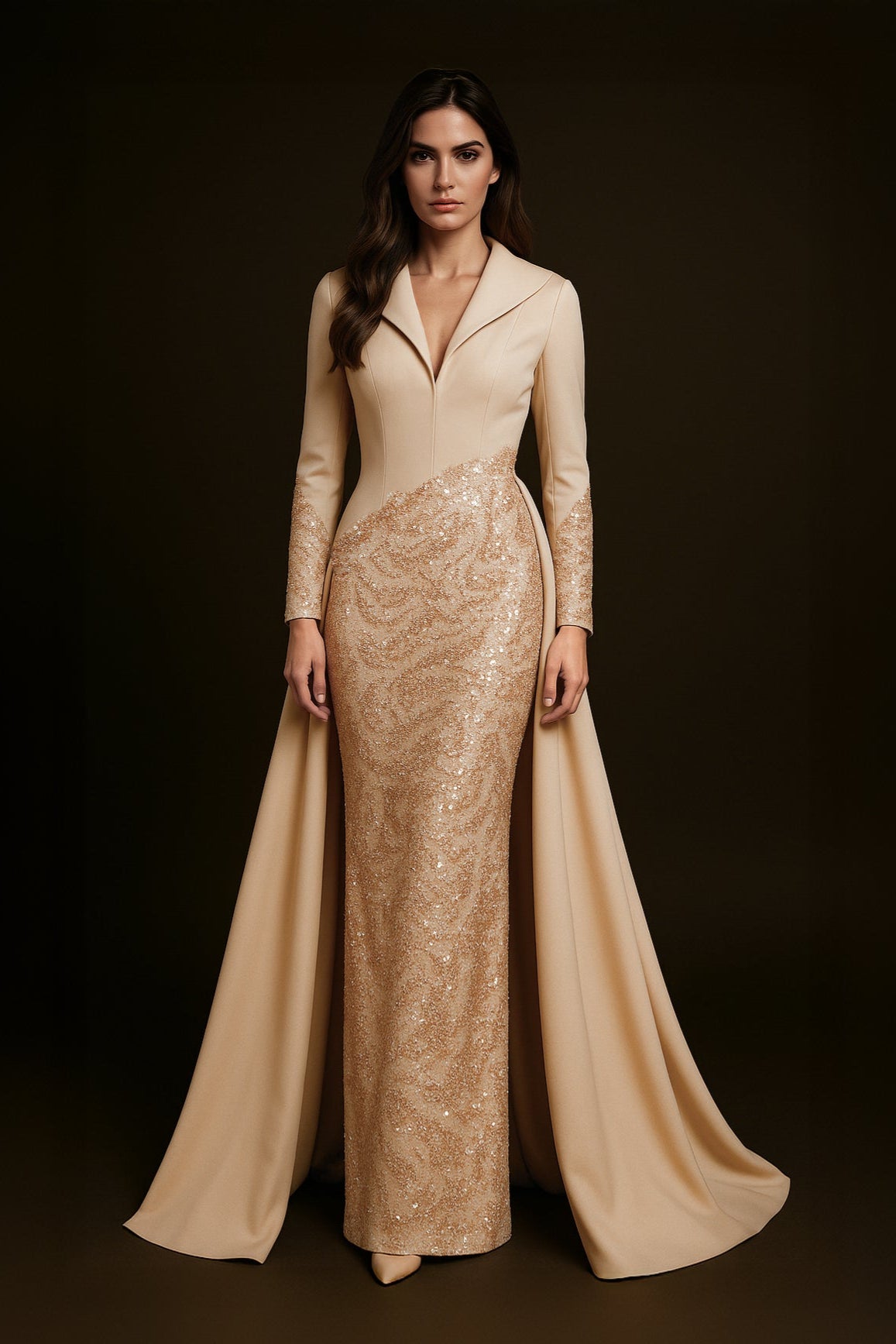 Woman wearing a beige evening gown with a long train on a dark background
